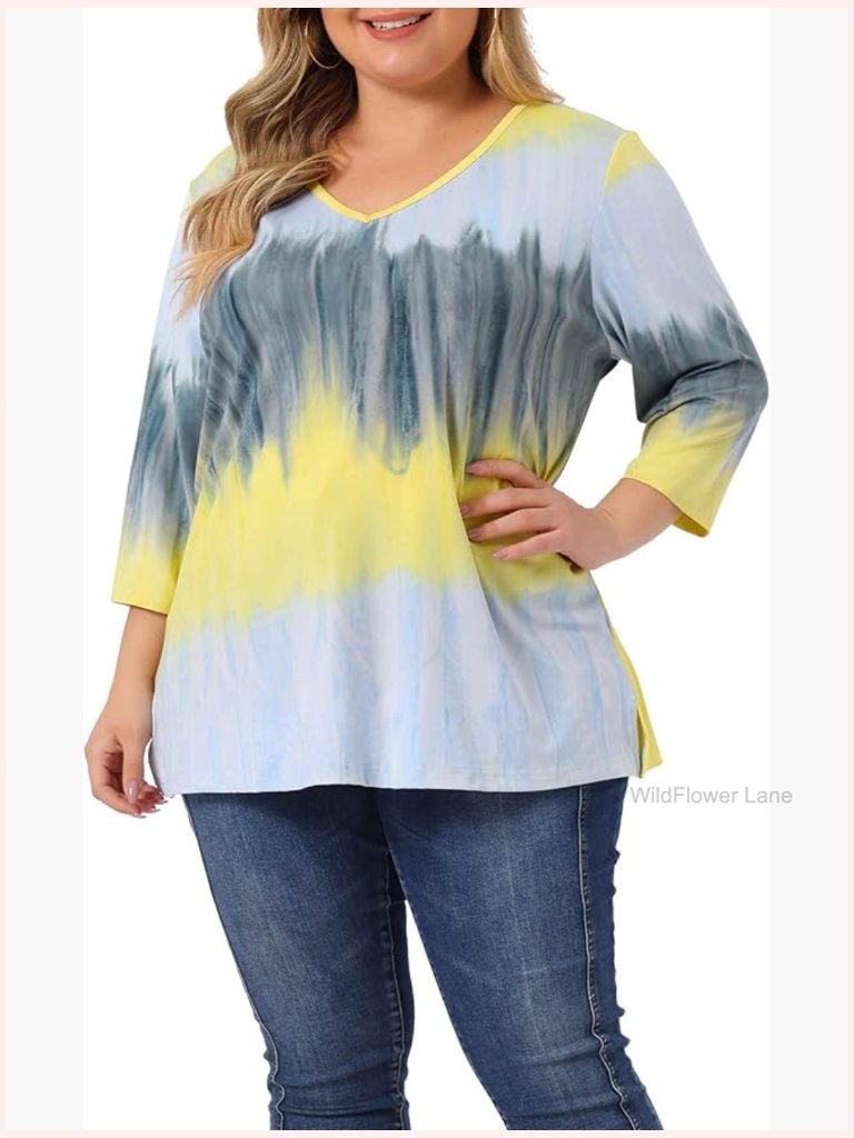 Plus Size V Neck 3/4 Sleeve Striped Tie Dye Tunic Blouse
